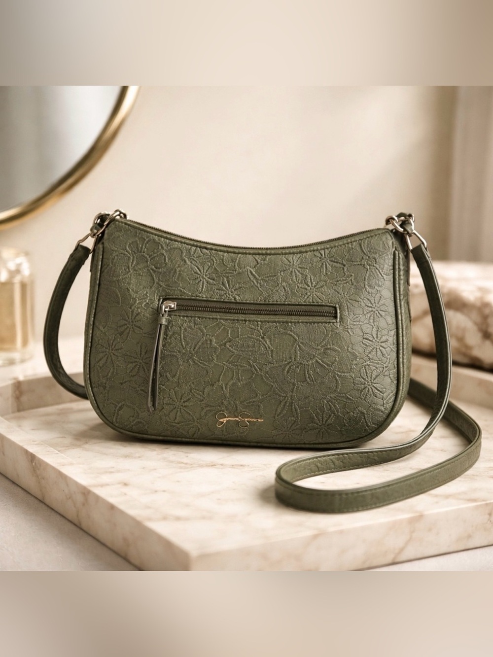 Jessica Simpson Gloria Mid Crossbody Bag Olive Green Embossed Floral